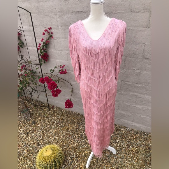 Vintage disco cowgirl Taylor swift like pink midi maxi fringe western dress - Picture 13 of 14